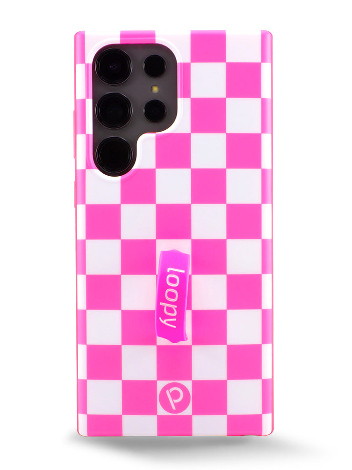 The Samsung Galaxy S23 Ultra Pink Checkered Loopy Case.