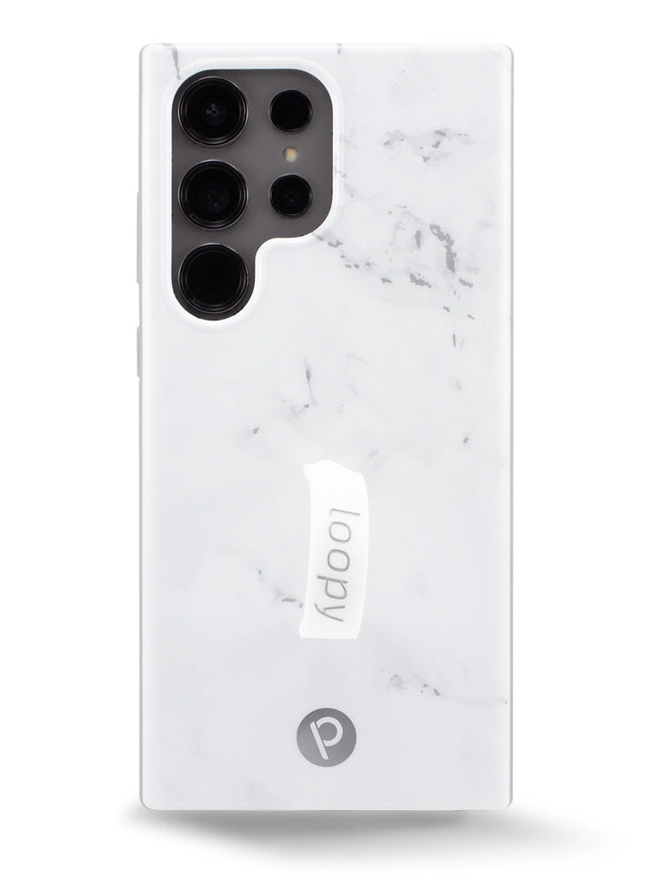 The Samsung Galaxy S23 Ultra White Marble Loopy Case.