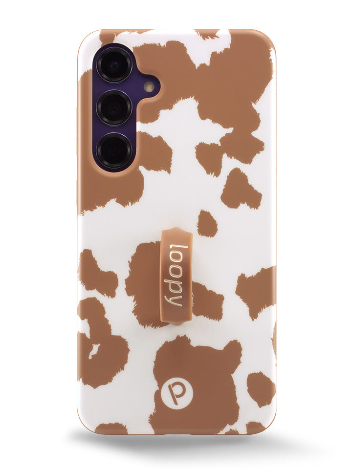 The Samsung Galaxy S24 Plus Brown Cow Print Loopy Case.