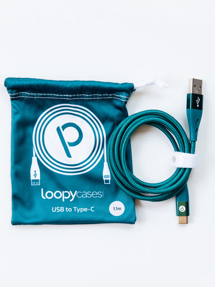 The Loopy Cases Teal Type C to USB-A Charging Cable.