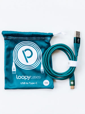 The Loopy Cases Teal Type C to USB-A Charging Cable.